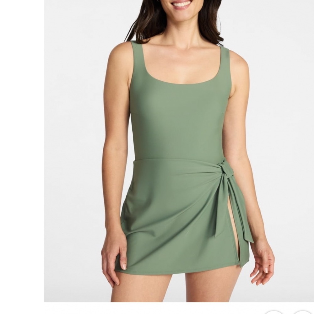 Time and Tru Womens Faux Wrap Swim Dress Olive Night Green 1X 16W-18W NWT